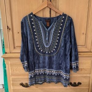 Multiples Blue and Green Embroidered Top with Bling details